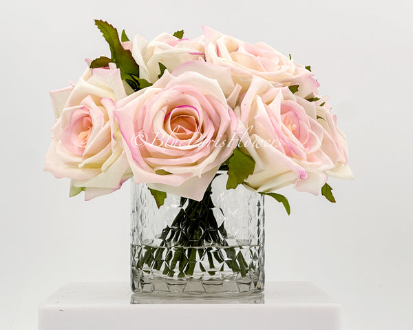 Light Pink Real Touch Roses Arrangement in Vase, French Country Artificial Flowers Faux Floral Home Decor Realistic, Birthday/Wedding Decor Blue Paris