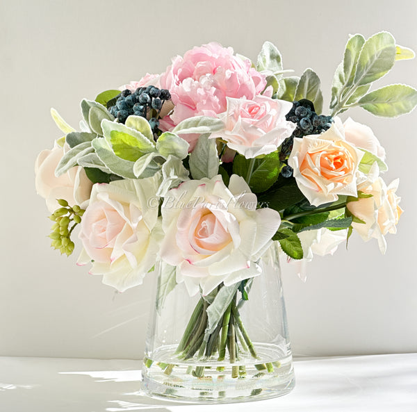 Blush Pink Roses and Peonies with Blue Berries, Home Decor, Artificial Flower Arrangement by Blue Paris