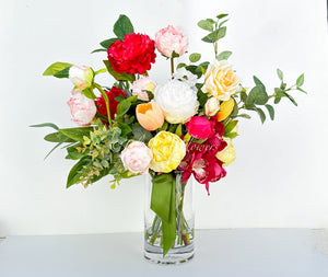 Unique Faux Flower Arrangement, Peonies, Roses, Greens in Vase, Floral Decor Real Touch Centerpiece Faux Artificial Flowers Silk Arrangement