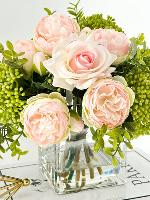 LT Pink Peonies and Green/Pink Real Touch Rose, Berries, Arrangement Artificial Faux Centerpiece, French Floral Flowers in Vase Home Decor