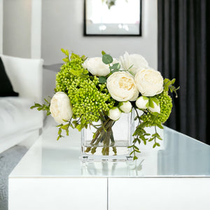 White Peonies and Green/White Real Touch Rose, Berries, Arrangement Artificial Faux Centerpiece, French Floral Flowers in Vase Home Decor