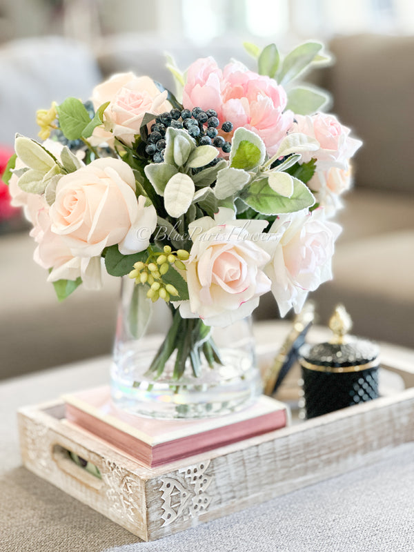 Blush Pink Roses and Peonies with Blue Berries, Home Decor, Artificial Flower Arrangement by Blue Paris
