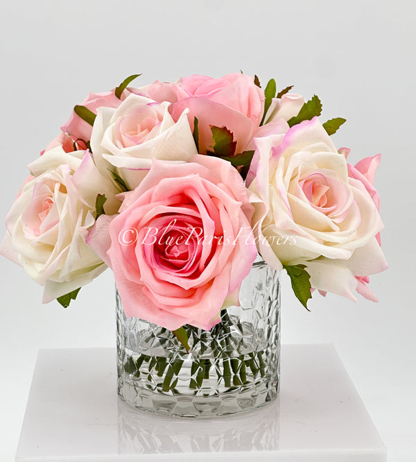 Pink/Blush Pink Mix Real Touch Roses Arrangement in Vase, French Country Artificial Flowers Faux Floral Home Decor Realistic, Birthday/Wedding Decor Blue Paris