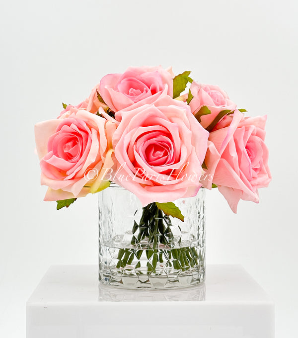 Pink Real Touch Roses Arrangement in Vase, French Country Artificial Flowers Faux Floral Home Decor Realistic, Birthday/Wedding Decor Blue Paris