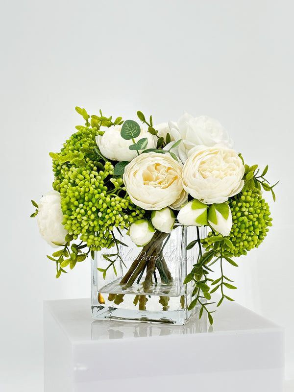 White Peonies and Green/White Real Touch Rose, Berries, Arrangement Artificial Faux Centerpiece, French Floral Flowers in Vase Home Decor