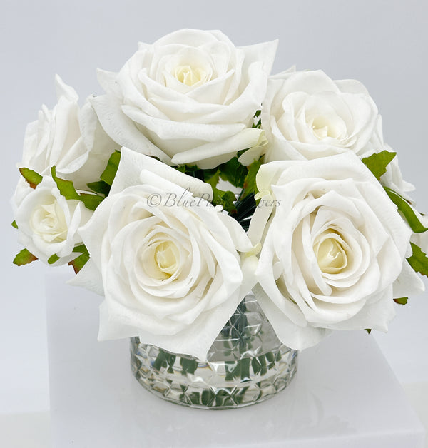 White Real Touch Roses Arrangement in Vase, French Country Artificial Flowers Faux Floral Home Decor Realistic, Birthday/Wedding Decor Blue Paris