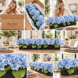 Luxury Real Touch Blue Hydrangea Artificial Flower Arrangement in Black Rectangular Planter