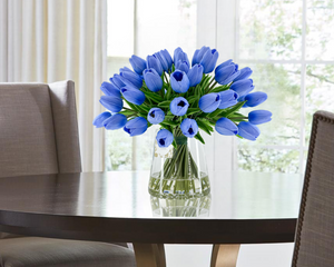 X-Large 60 Light Blue Tulips Modern Faux Floral Arrangement | Real Touch Artificial Faux Forever Flowers in Glass Vase, Faux Flowers in Vase