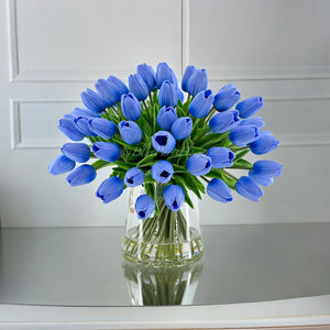 X-Large 60 Light Blue Tulips Modern Faux Floral Arrangement | Real Touch Artificial Faux Forever Flowers in Glass Vase, Faux Flowers in Vase