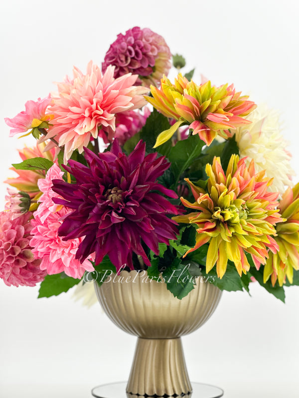 Vibrant Real-Touch Dahlias Arrangement in Brass Vase, Exquisite Floral Decor Centerpiece Unique Faux Artificial Flowers Home/Office Birthday