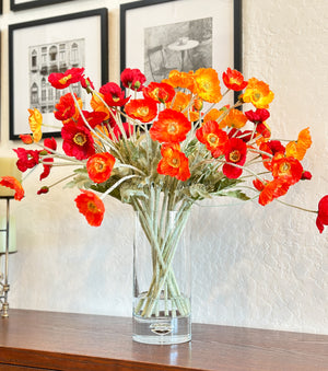 Hot Poppies Floral Arrangement, Spring Summer Wedding Artificial Flower Centerpiece, Faux Silk Arrangement in Glass Vase Flower French Decor