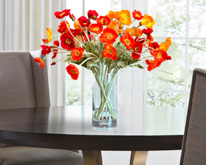 Hot Poppies Floral Arrangement, Spring Summer Wedding Artificial Flower Centerpiece, Faux Silk Arrangement in Glass Vase Flower French Decor