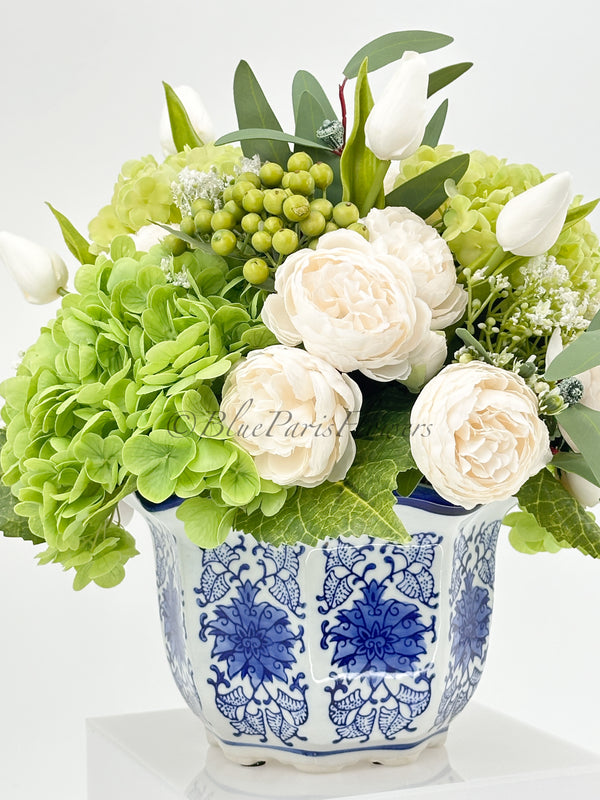 Floral Arrangement Green Hydrangea Peonies Silk Artificial Flower Centerpiece Faux Silk Arrangement Blue/White Vase Elegant Decor Blue Paris