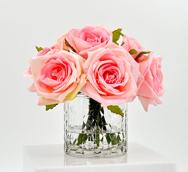 Pink Real Touch Roses Arrangement in Vase, French Country Artificial Flowers Faux Floral Home Decor Realistic, Birthday/Wedding Decor Blue Paris