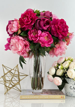 Elegant Pink/Magenta Peony Arrangement Artificial Faux Flower Centerpiece, French Country Floral Decor, Silk Flowers in Vase Home Decor