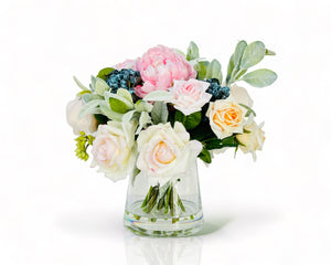 Blush Pink Roses and Peonies with Blue Berries, Home Decor, Artificial Flower Arrangement by Blue Paris