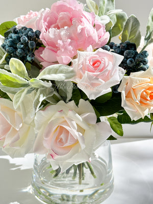Blush Pink Roses and Peonies with Blue Berries, Home Decor, Artificial Flower Arrangement by Blue Paris