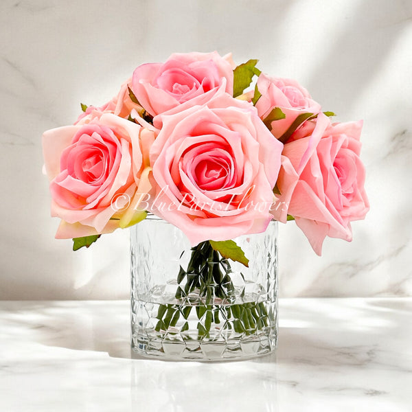 Pink Real Touch Roses Arrangement in Vase, French Country Artificial Flowers Faux Floral Home Decor Realistic, Birthday/Wedding Decor Blue Paris