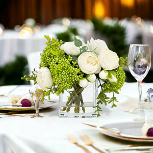 White Peonies and Green/White Real Touch Rose, Berries, Arrangement Artificial Faux Centerpiece, French Floral Flowers in Vase Home Decor
