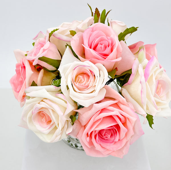 Pink/Blush Pink Mix Real Touch Roses Arrangement in Vase, French Country Artificial Flowers Faux Floral Home Decor Realistic, Birthday/Wedding Decor Blue Paris