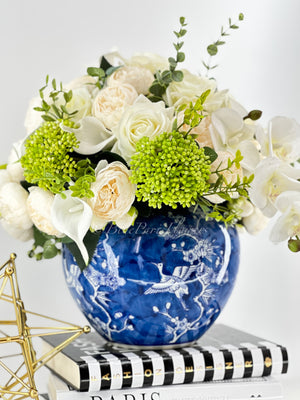 White Peonies, Orchids, Rose, Arrangement Artificial Faux Centerpiece, Unique Custom Floral Decor, Silk & Real Touch Flowers Blue Vase Home Decor