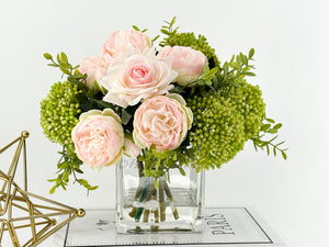 LT Pink Peonies and Green/Pink Real Touch Rose, Berries, Arrangement Artificial Faux Centerpiece, French Floral Flowers in Vase Home Decor