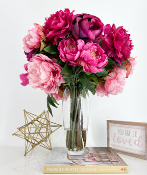 Elegant Pink/Magenta Peony Arrangement Artificial Faux Flower Centerpiece, French Country Floral Decor, Silk Flowers in Vase Home Decor