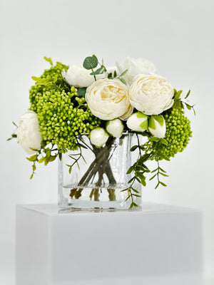 White Peonies and Green/White Real Touch Rose, Berries, Arrangement Artificial Faux Centerpiece, French Floral Flowers in Vase Home Decor