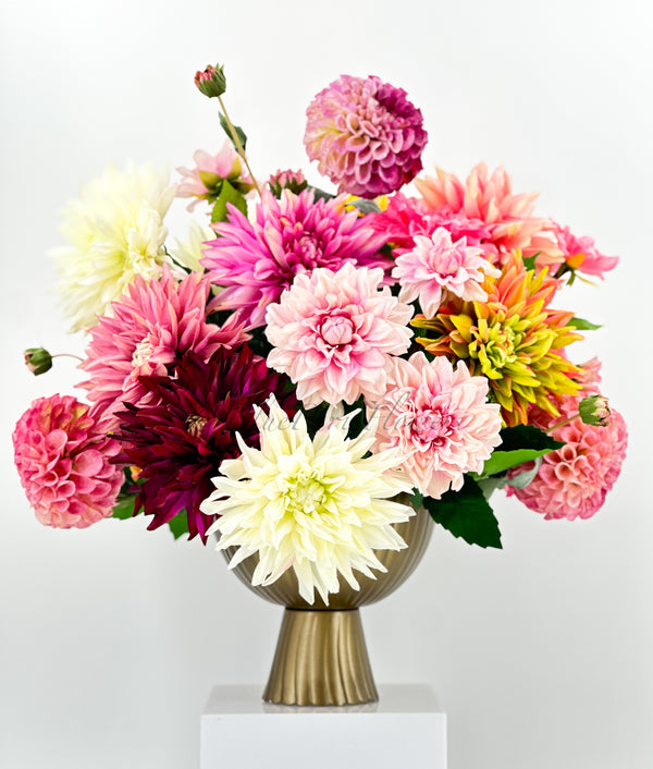 Vibrant Real-Touch Dahlias Arrangement in Brass Vase, Exquisite Floral Decor Centerpiece Unique Faux Artificial Flowers Home/Office Birthday