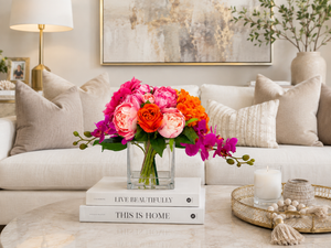 Pink/Orange/Fuchsia Peonies, Roses, Hydrangea Arrangement Artificial Faux Centerpiece Floral Decor Gift Silk Real Touch Flowers Home/Kitchen