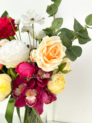Unique Faux Flower Arrangement, Peonies, Roses, Greens in Vase, Floral Decor Real Touch Centerpiece Faux Artificial Flowers Silk Arrangement