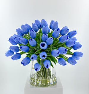 X-Large 60 Light Blue Tulips Modern Faux Floral Arrangement | Real Touch Artificial Faux Forever Flowers in Glass Vase, Faux Flowers in Vase