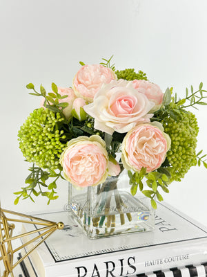 LT Pink Peonies and Green/Pink Real Touch Rose, Berries, Arrangement Artificial Faux Centerpiece, French Floral Flowers in Vase Home Decor