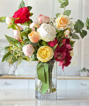 Unique Faux Flower Arrangement, Peonies, Roses, Greens in Vase, Floral Decor Real Touch Centerpiece Faux Artificial Flowers Silk Arrangement