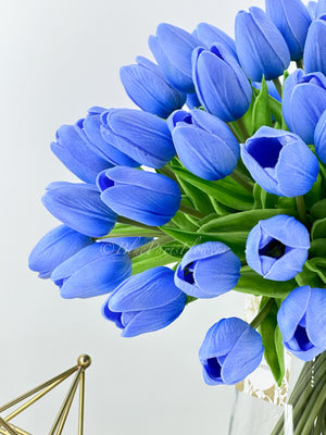X-Large 60 Light Blue Tulips Modern Faux Floral Arrangement | Real Touch Artificial Faux Forever Flowers in Glass Vase, Faux Flowers in Vase