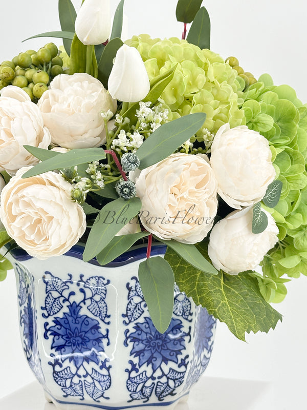 Floral Arrangement Green Hydrangea Peonies Silk Artificial Flower Centerpiece Faux Silk Arrangement Blue/White Vase Elegant Decor Blue Paris