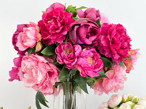 Elegant Pink/Magenta Peony Arrangement Artificial Faux Flower Centerpiece, French Country Floral Decor, Silk Flowers in Vase Home Decor