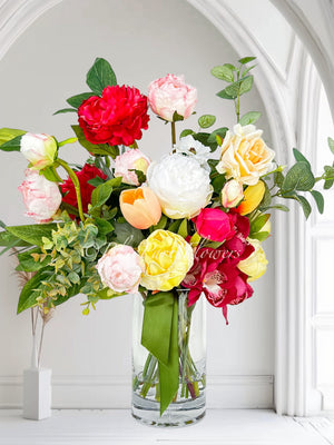 Unique Faux Flower Arrangement, Peonies, Roses, Greens in Vase, Floral Decor Real Touch Centerpiece Faux Artificial Flowers Silk Arrangement