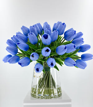 X-Large 60 Light Blue Tulips Modern Faux Floral Arrangement | Real Touch Artificial Faux Forever Flowers in Glass Vase, Faux Flowers in Vase