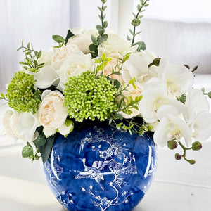 White Peonies, Orchids, Rose, Arrangement Artificial Faux Centerpiece, Unique Custom Floral Decor, Silk & Real Touch Flowers Blue Vase Home Decor