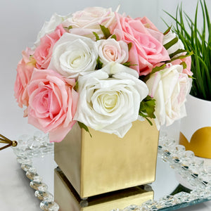 Real Touch Roses in Gold Vase, Faux Flowers, Floral Centerpiece, Gift/Decor, Elegant French Country
