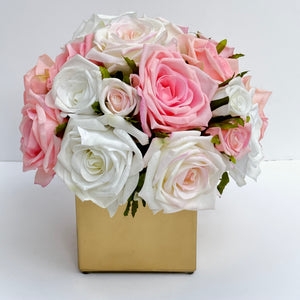 Real Touch Roses in Gold Vase, Faux Flowers, Floral Centerpiece, Gift/Decor, Elegant French Country