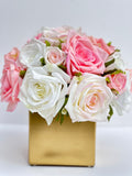 Real Touch Roses in Gold Vase, Faux Flowers, Floral Centerpiece, Gift/Decor, Elegant French Country