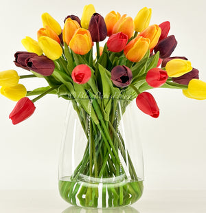 Sunset Embrace - Real Touch 12” Tulips in Glass Vase, Home Decor Faux Flower Arrangement, French Floral Centerpiece Gift/Birthday Home
