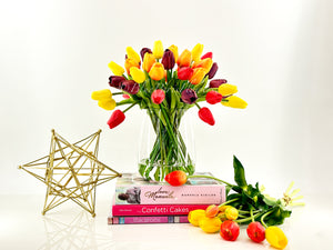 Sunset Embrace - Real Touch 12” Tulips in Glass Vase, Home Decor Faux Flower Arrangement, French Floral Centerpiece Gift/Birthday Home