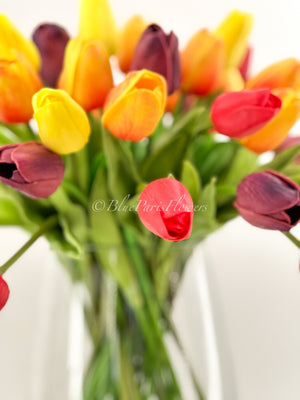 Sunset Embrace - Real Touch 12” Tulips in Glass Vase, Home Decor Faux Flower Arrangement, French Floral Centerpiece Gift/Birthday Home