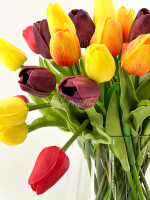 Sunset Embrace - Real Touch 12” Tulips in Glass Vase, Home Decor Faux Flower Arrangement, French Floral Centerpiece Gift/Birthday Home