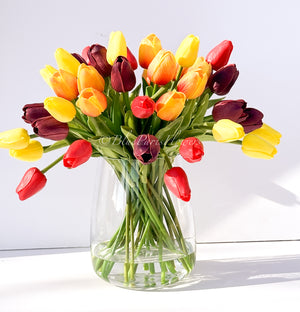 Sunset Embrace - Real Touch 12” Tulips in Glass Vase, Home Decor Faux Flower Arrangement, French Floral Centerpiece Gift/Birthday Home
