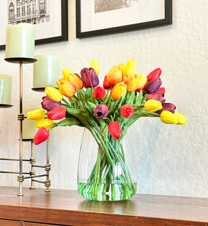 Sunset Embrace - Real Touch 12” Tulips in Glass Vase, Home Decor Faux Flower Arrangement, French Floral Centerpiece Gift/Birthday Home