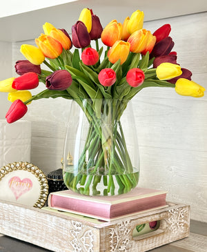 Sunset Embrace - Real Touch 12” Tulips in Glass Vase, Home Decor Faux Flower Arrangement, French Floral Centerpiece Gift/Birthday Home